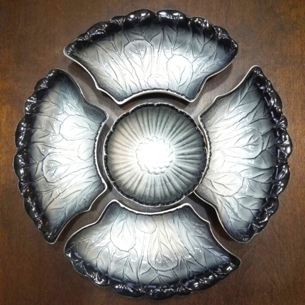 Vintage MCM 5pc Chip Dip Relish Dish Bowls Calif Ceramic Black White Mid-Century